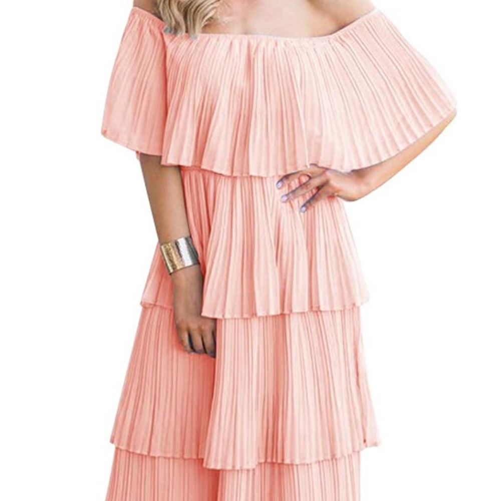 Womens pink off the shoulder tiered pleated dress